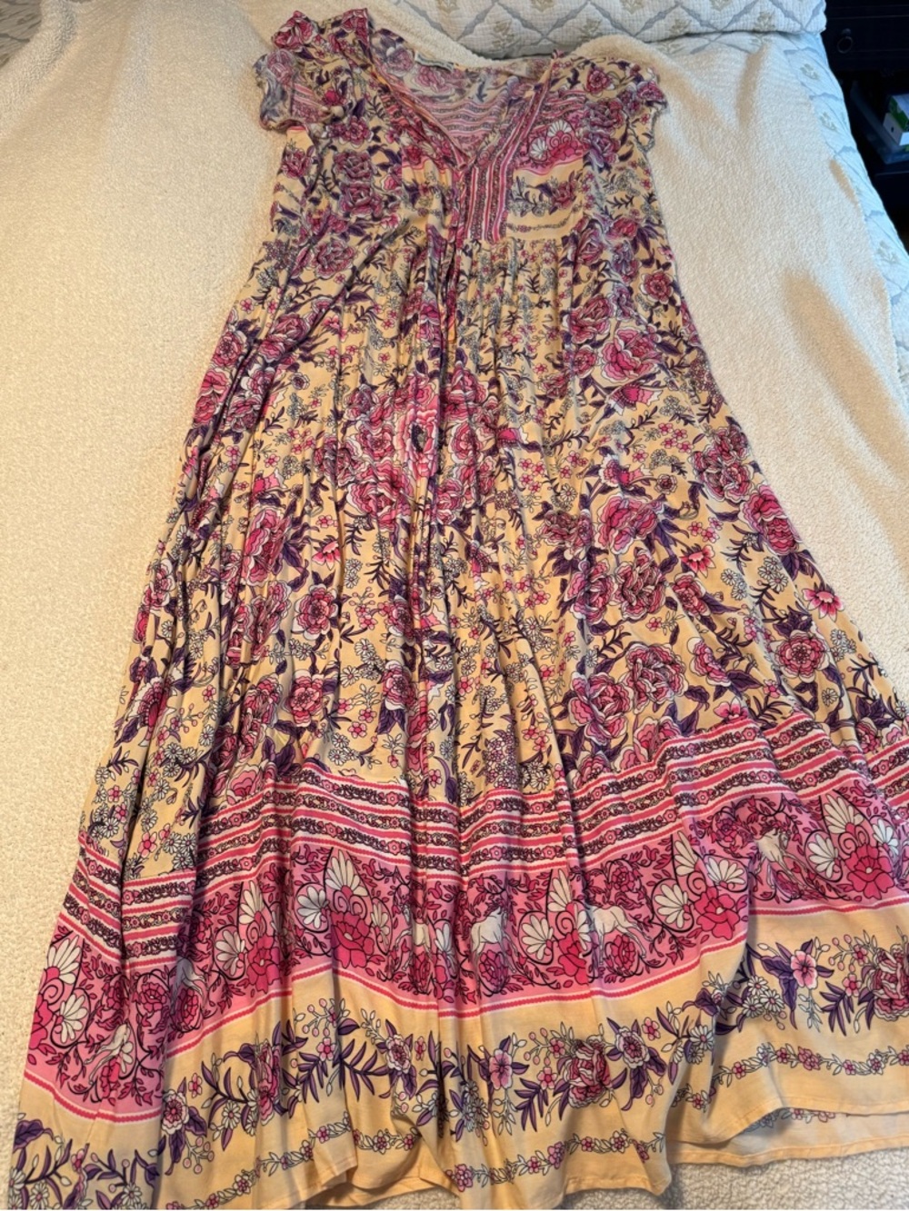 Boho Floral Maxi Dress in Pink and Cream
